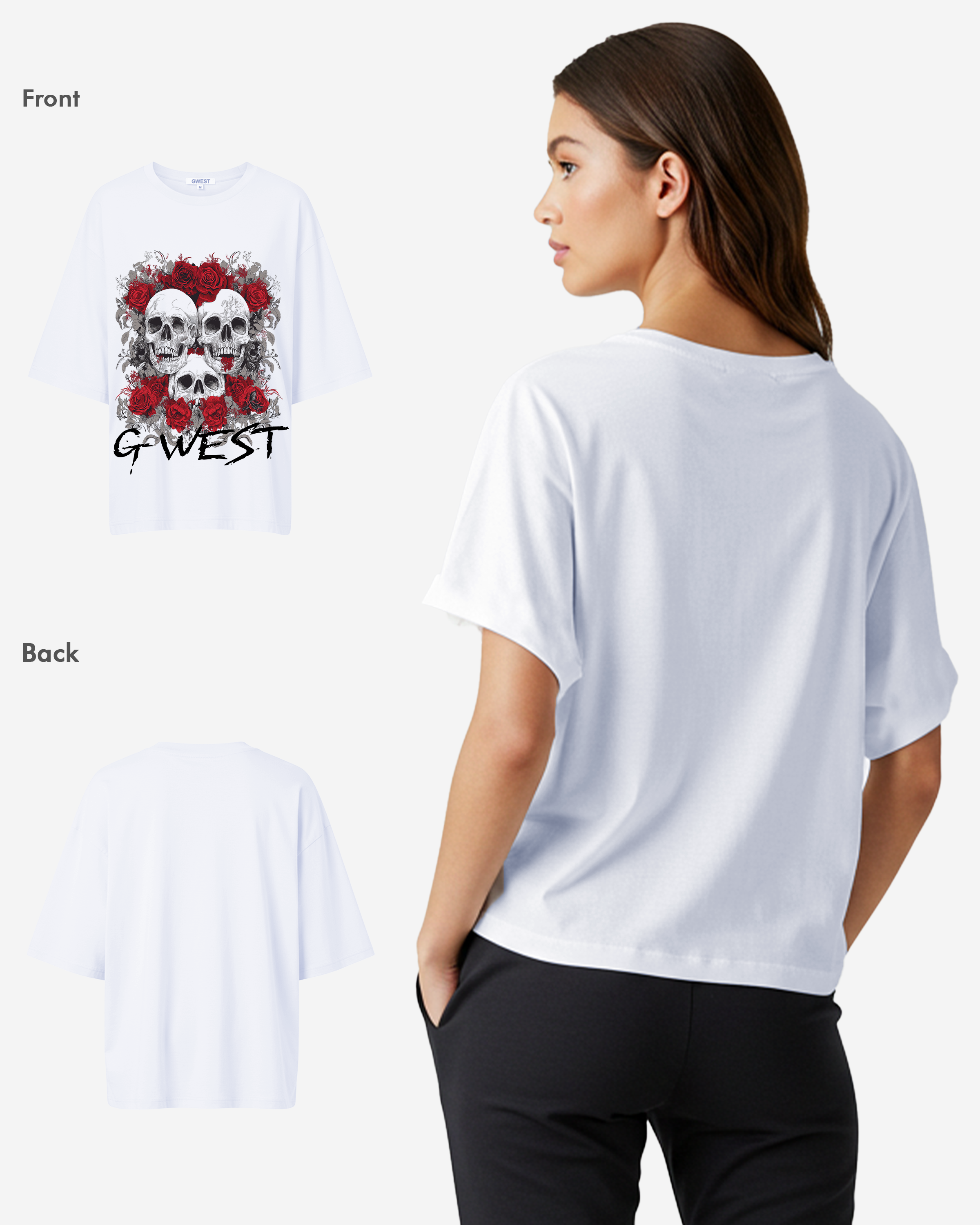 G West Womens Roses And Bones Oversized Tee