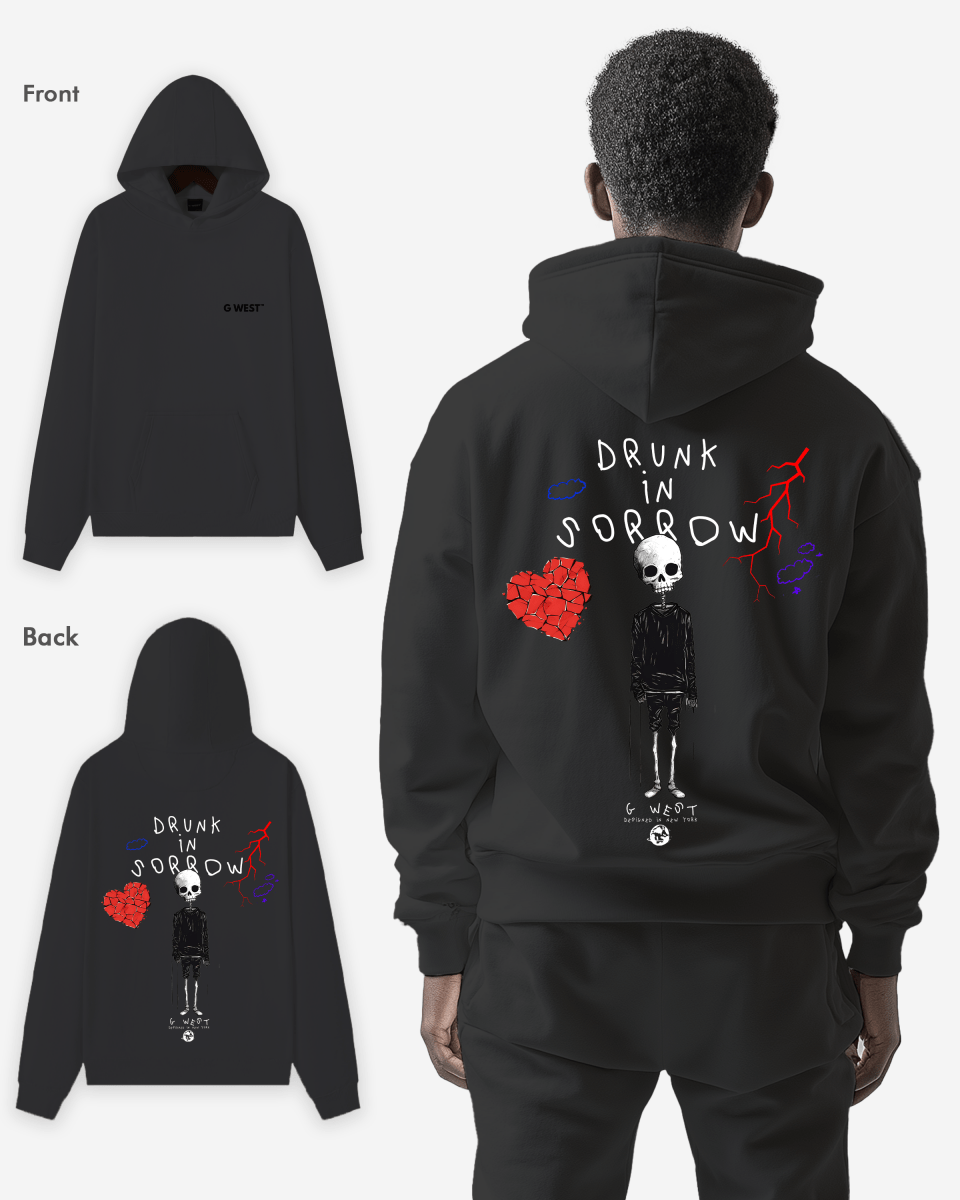 G West Mens Drunk In Sorrow Heavy Premium Oversize Hoodie
