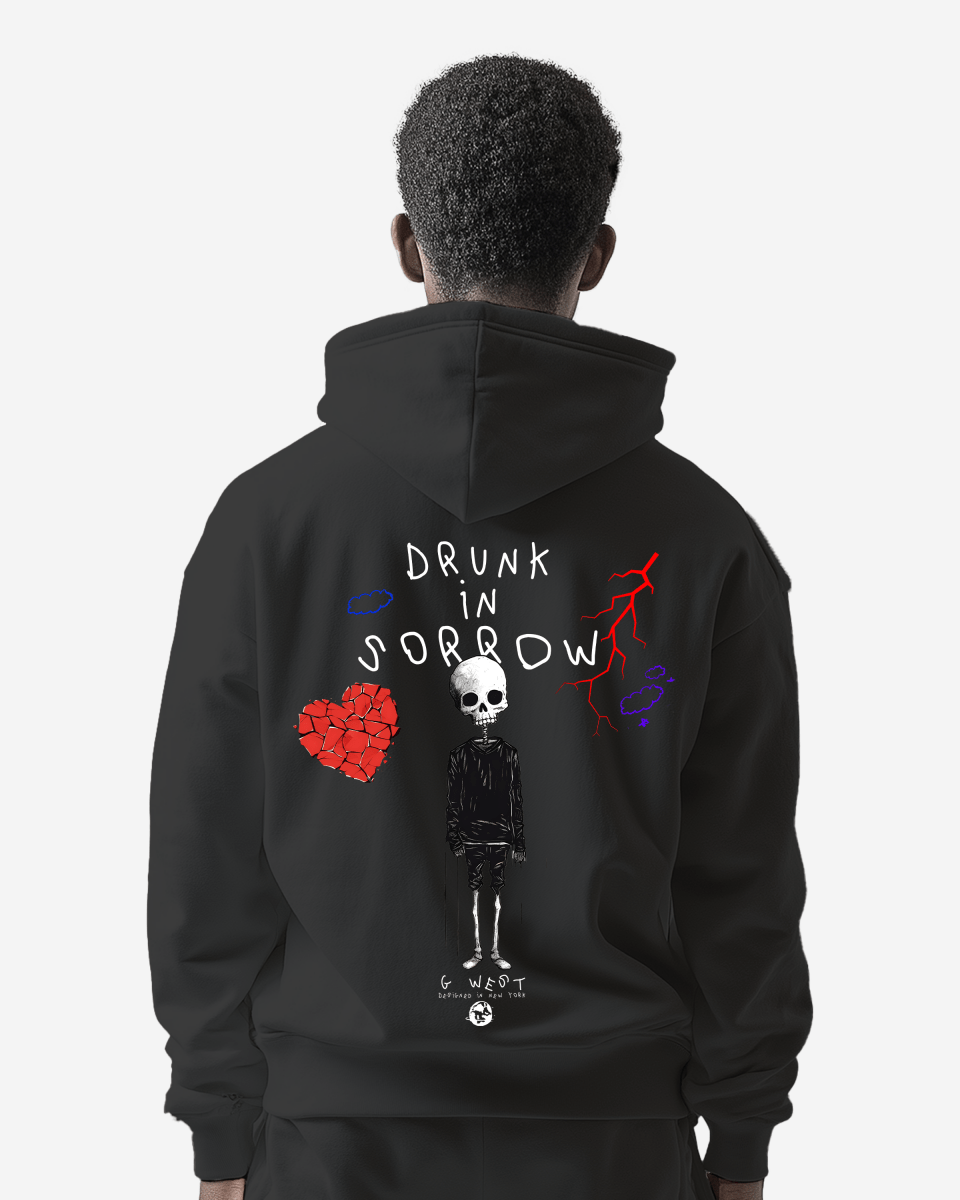 G West Mens Drunk In Sorrow Heavy Premium Oversize Hoodie