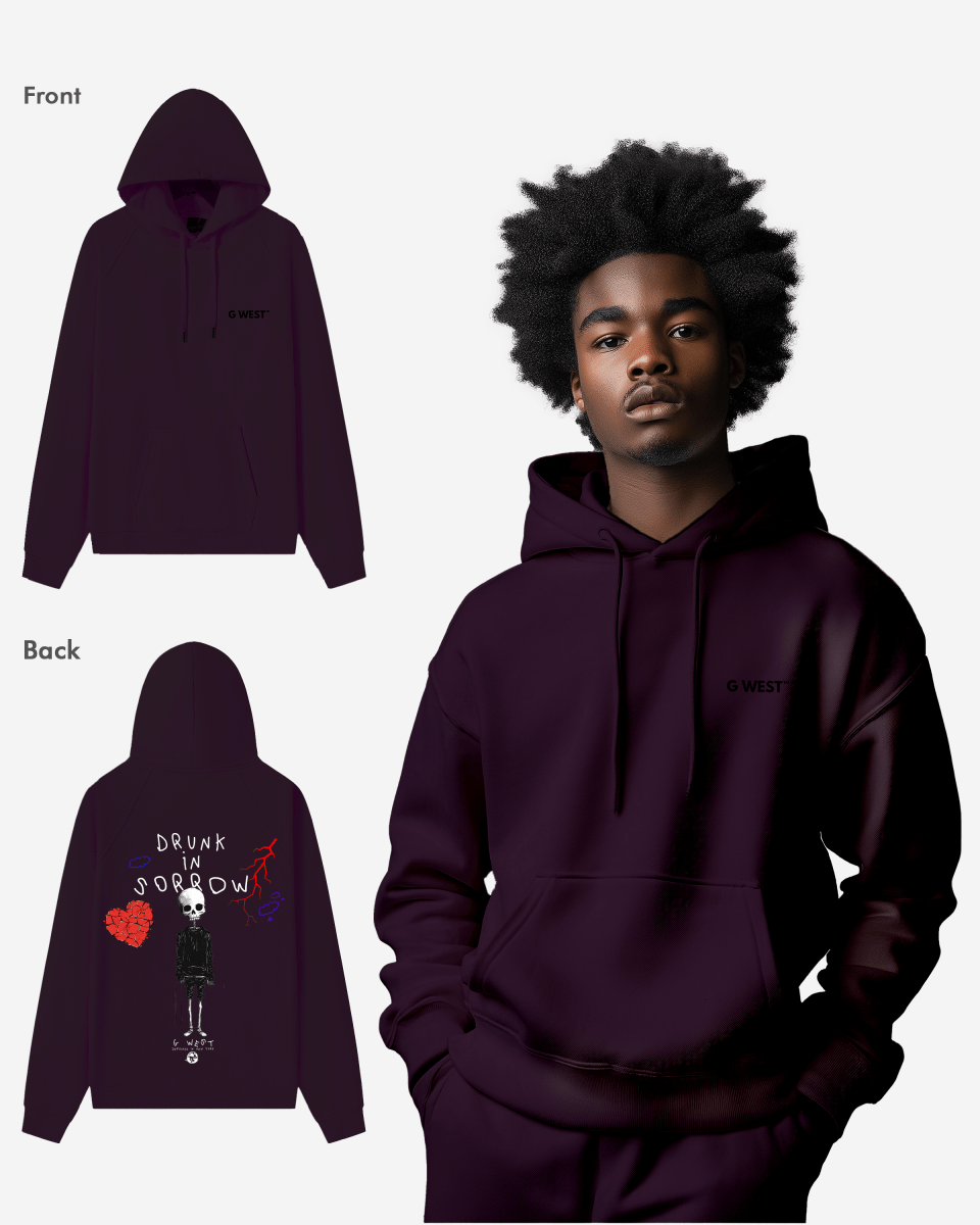 G West Mens Drunk In Sorrow Heavy Premium Oversize Hoodie