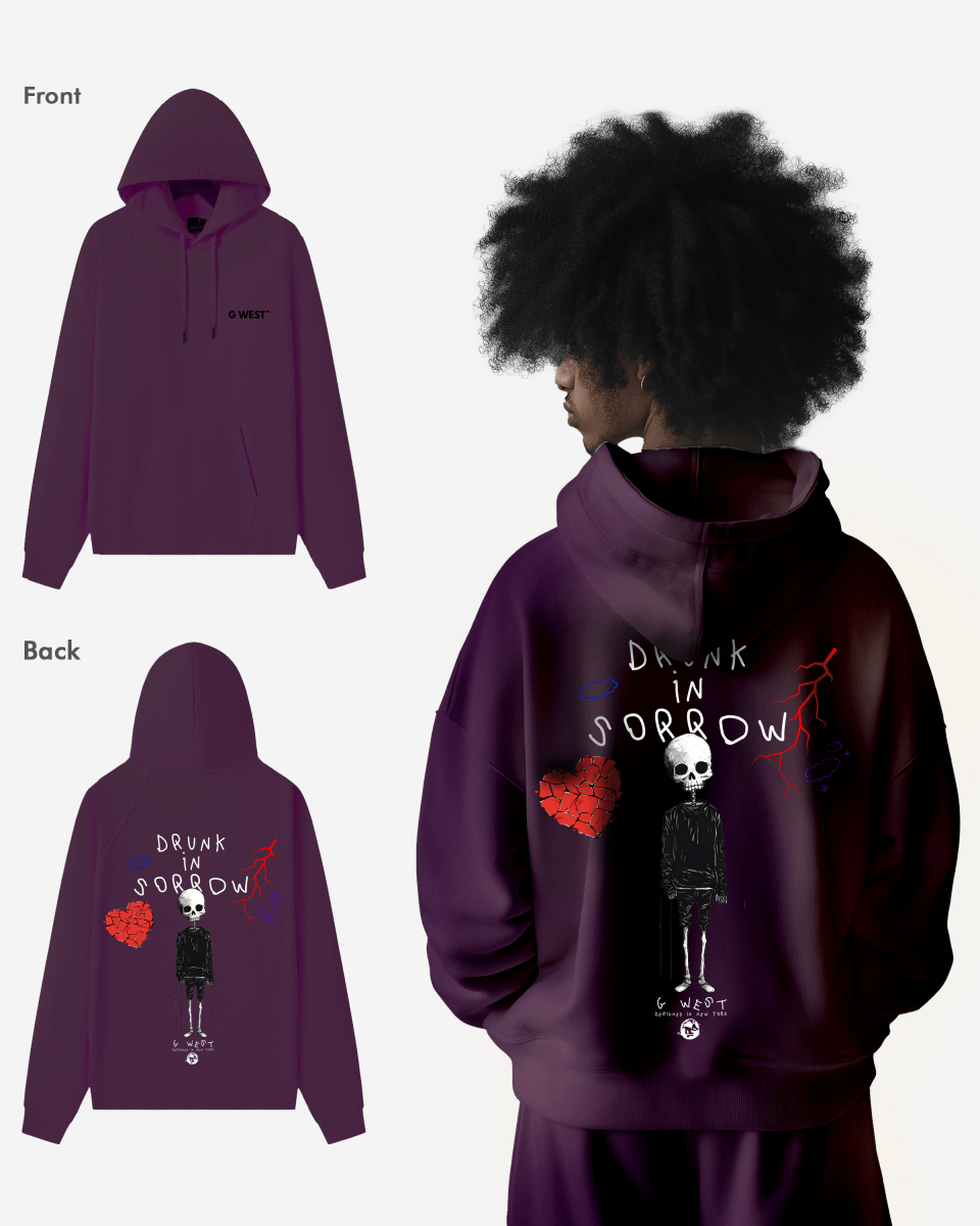 G West Mens Drunk In Sorrow Heavy Premium Oversize Hoodie