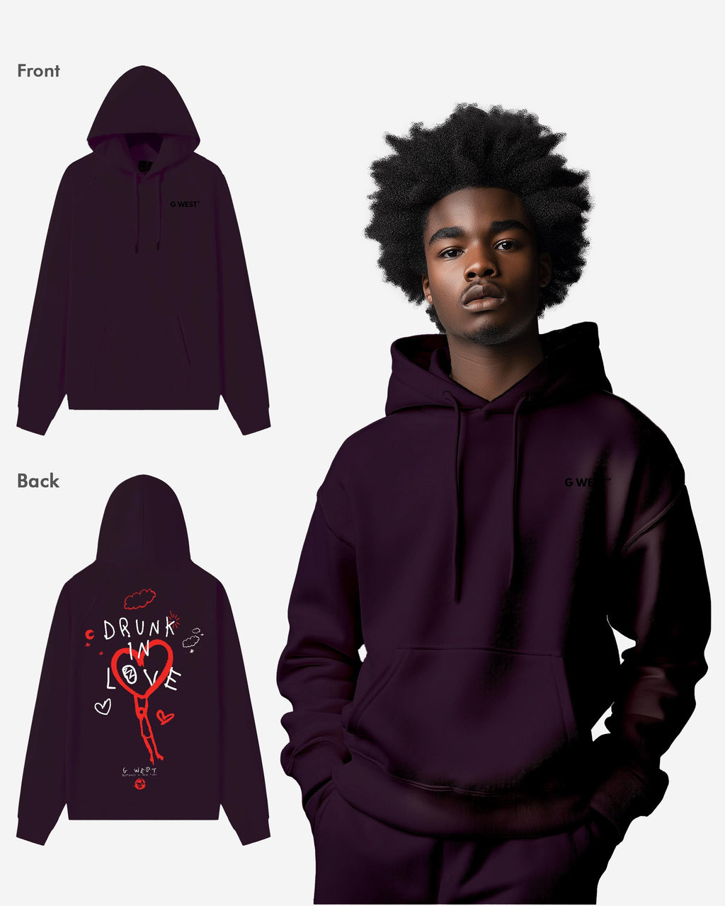 G West Mens Drunk In Love Heavy Premium Oversized Hoodie