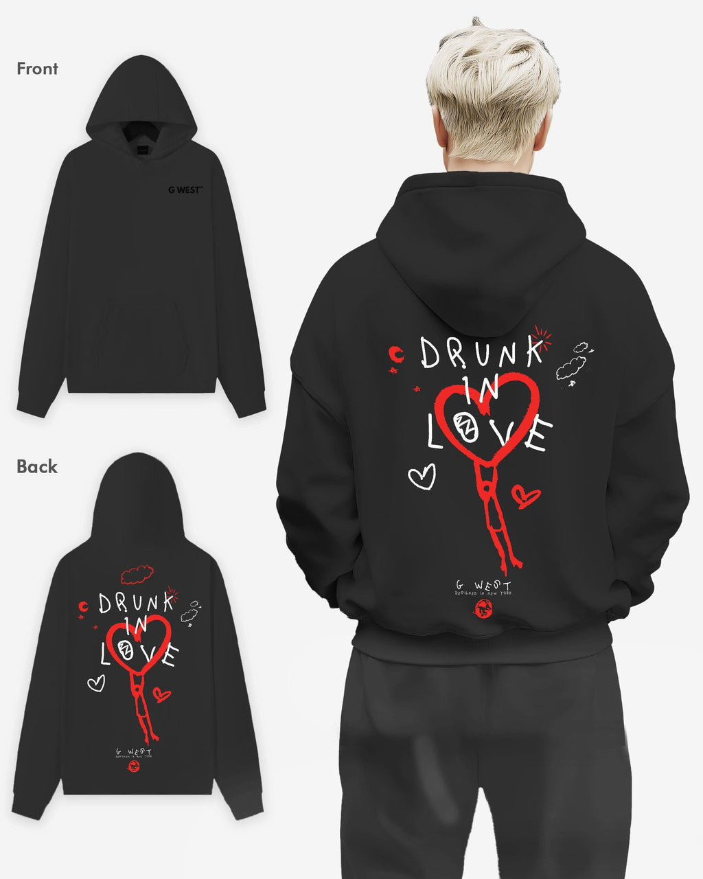 G West Mens Drunk In Love Heavy Premium Oversized Hoodie