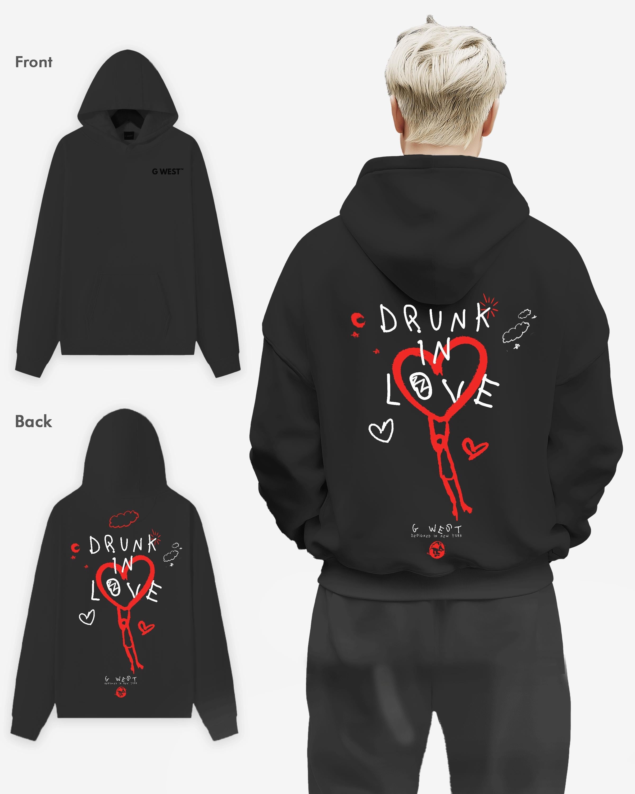 G West Mens Drunk In Love Heavy Premium Oversized Hoodie