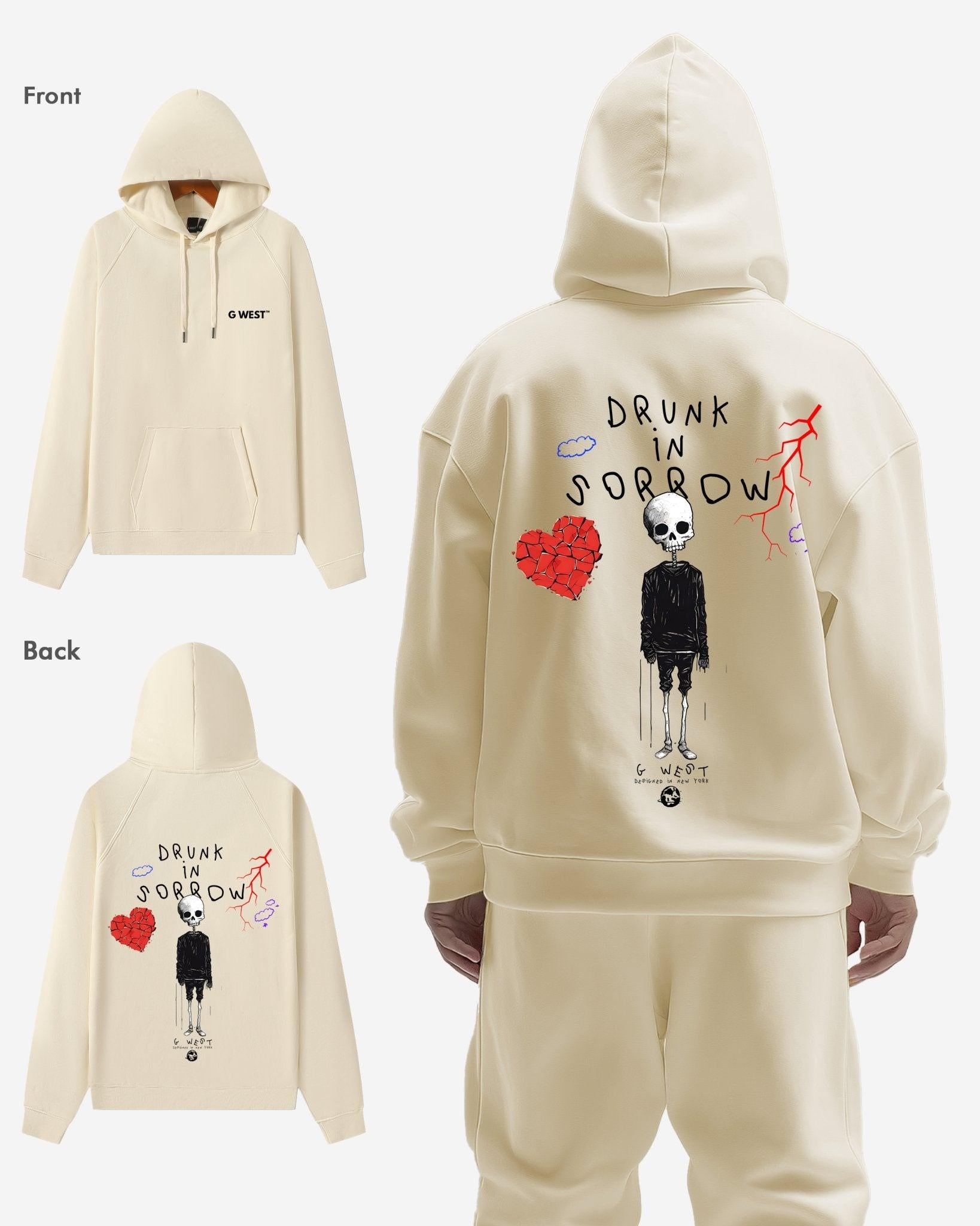 G West Mens Drunk In Sorrow Heavy Premium Oversize Hoodie