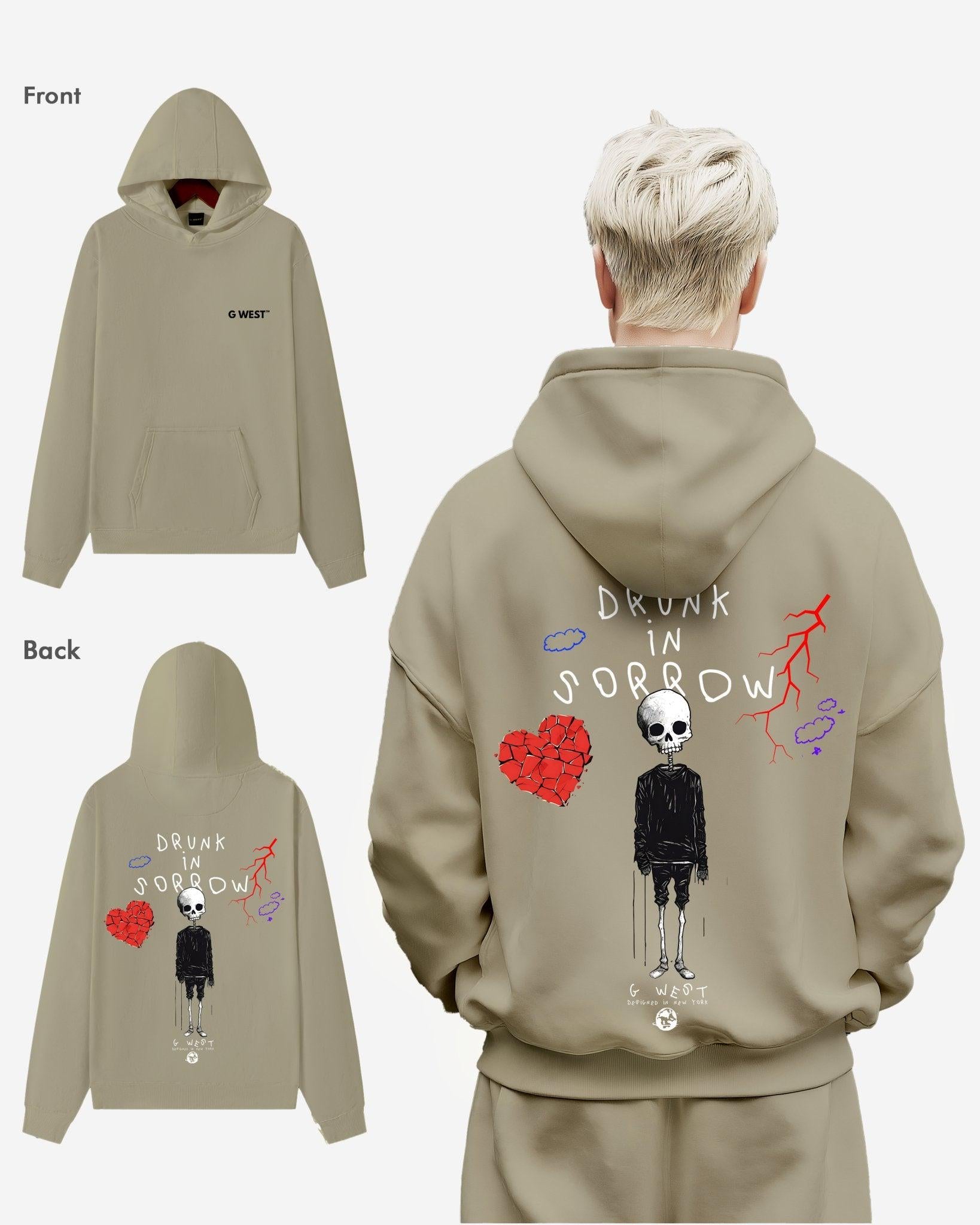 G West Mens Drunk In Sorrow Heavy Premium Oversize Hoodie