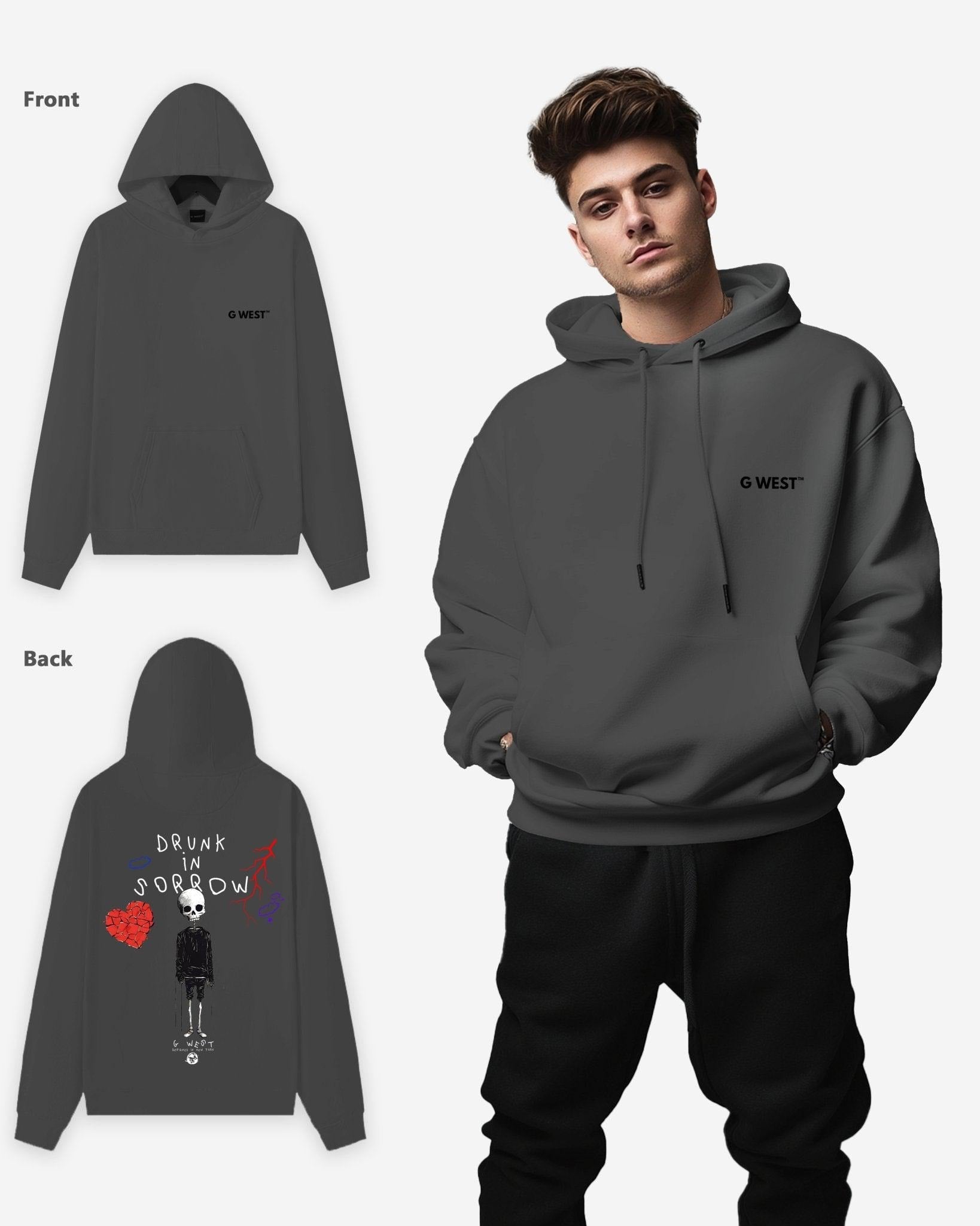 G West Mens Drunk In Sorrow Heavy Premium Oversize Hoodie
