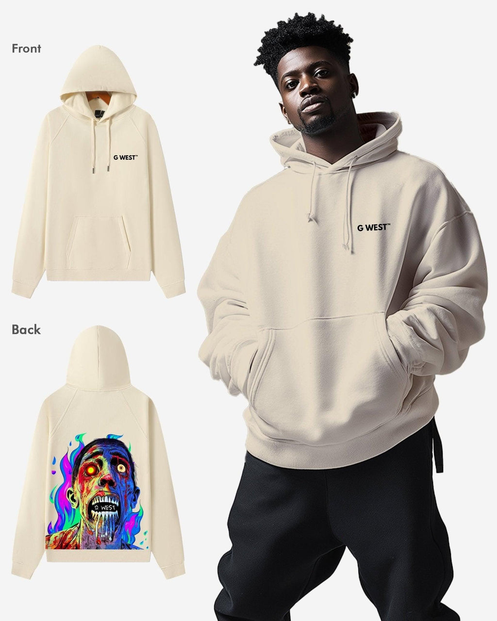 G West Mens Flaming Zombie Heavy Premium Hoodie