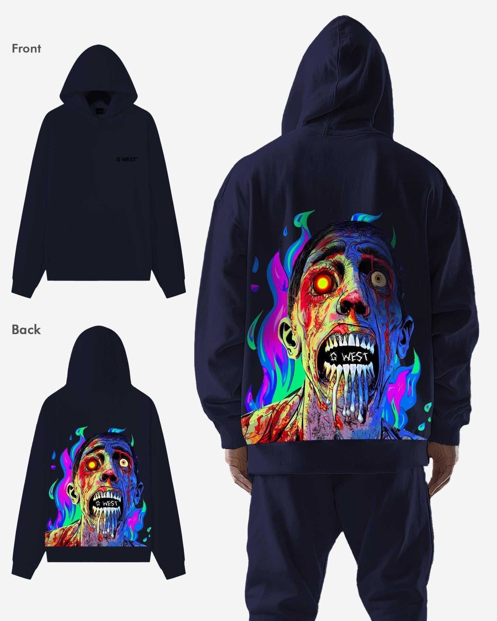 G West Mens Flaming Zombie Heavy Premium Hoodie