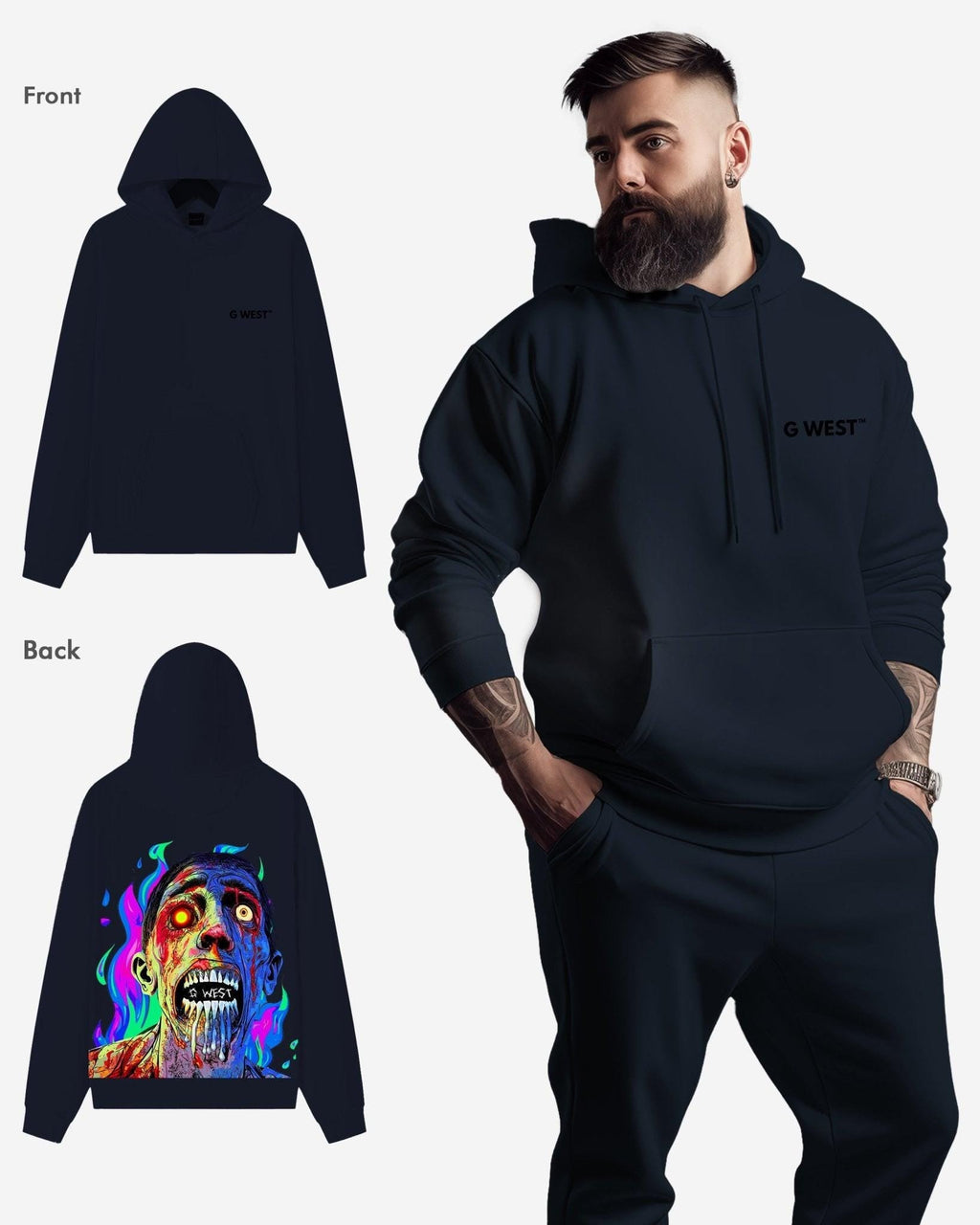 G West Mens Flaming Zombie Heavy Premium Hoodie