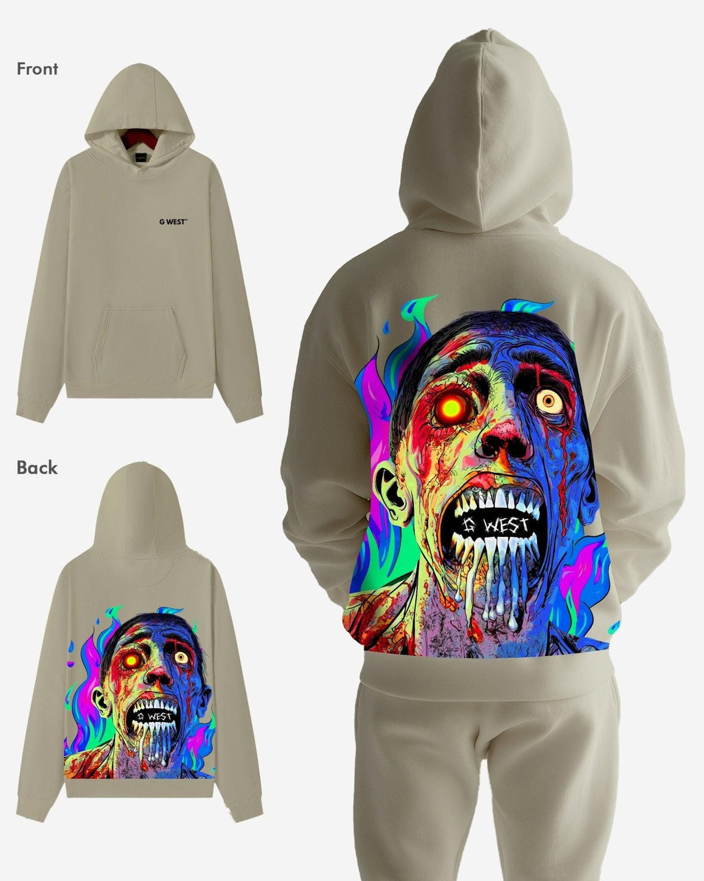 G West Mens Flaming Zombie Heavy Premium Hoodie