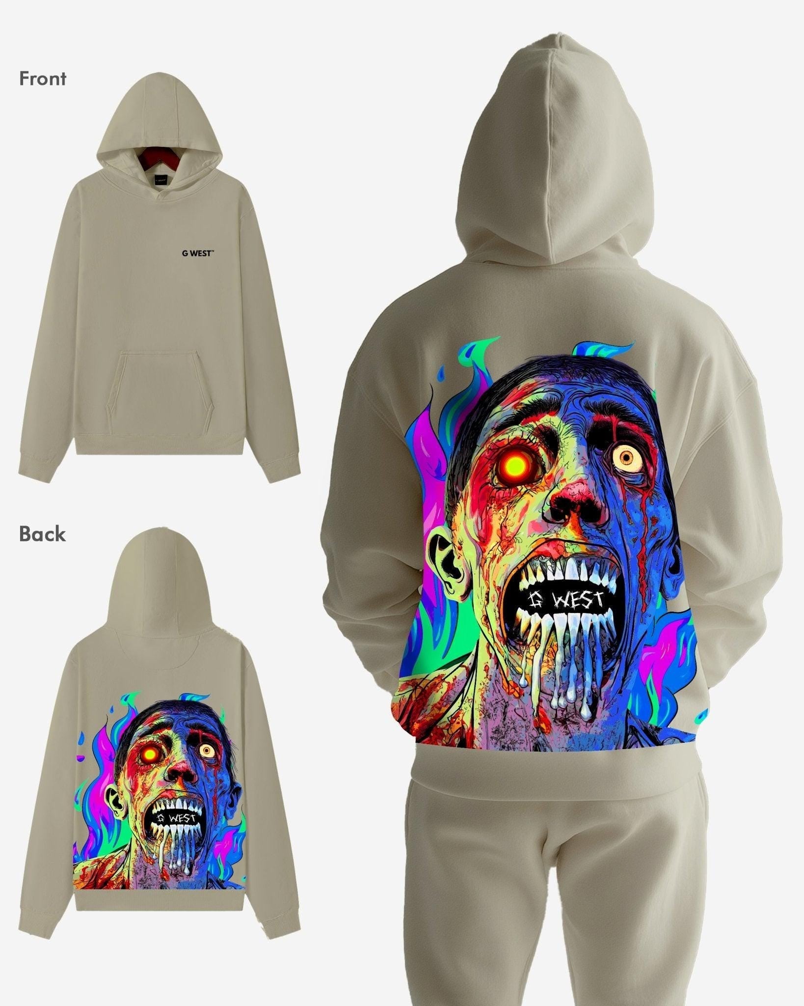 G West Mens Flaming Zombie Heavy Premium Hoodie