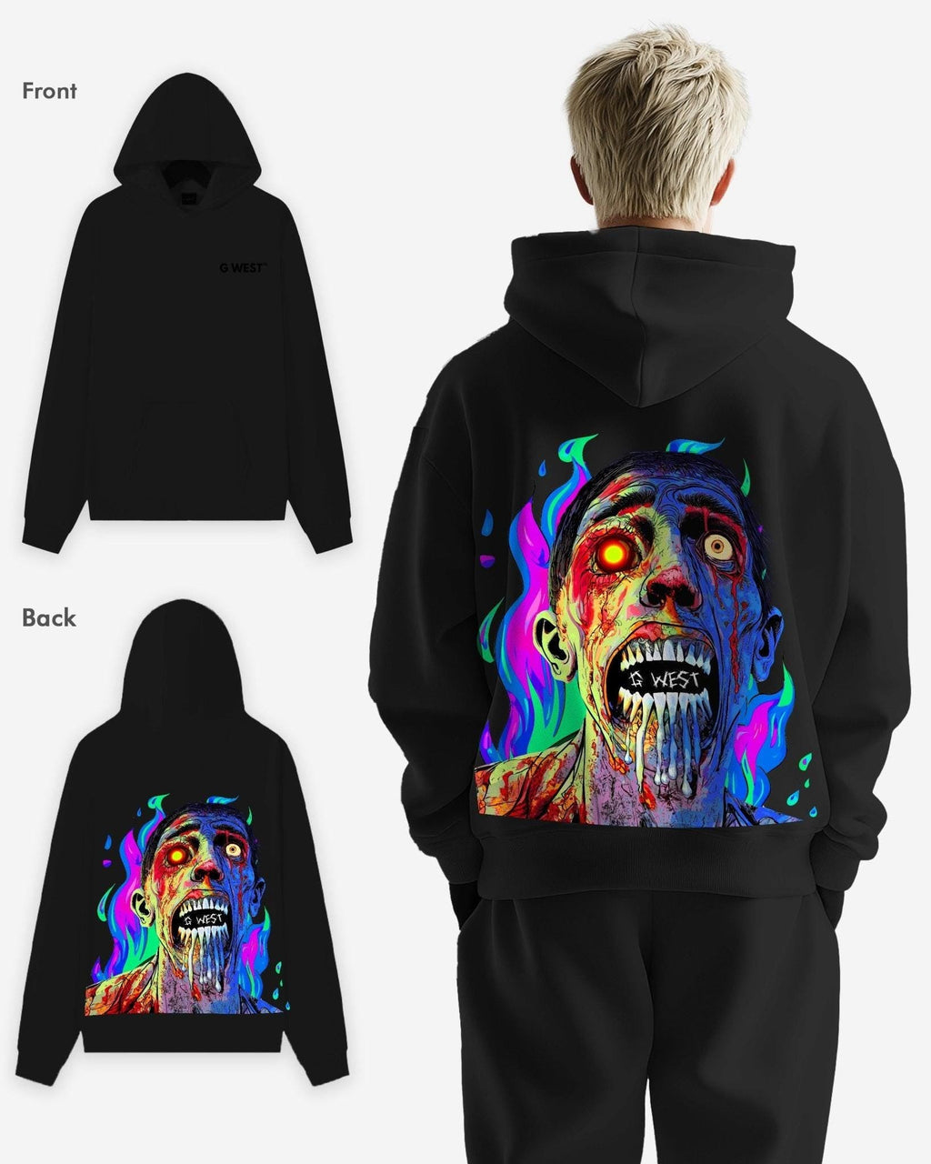 G West Mens Flaming Zombie Hoodie Oversize