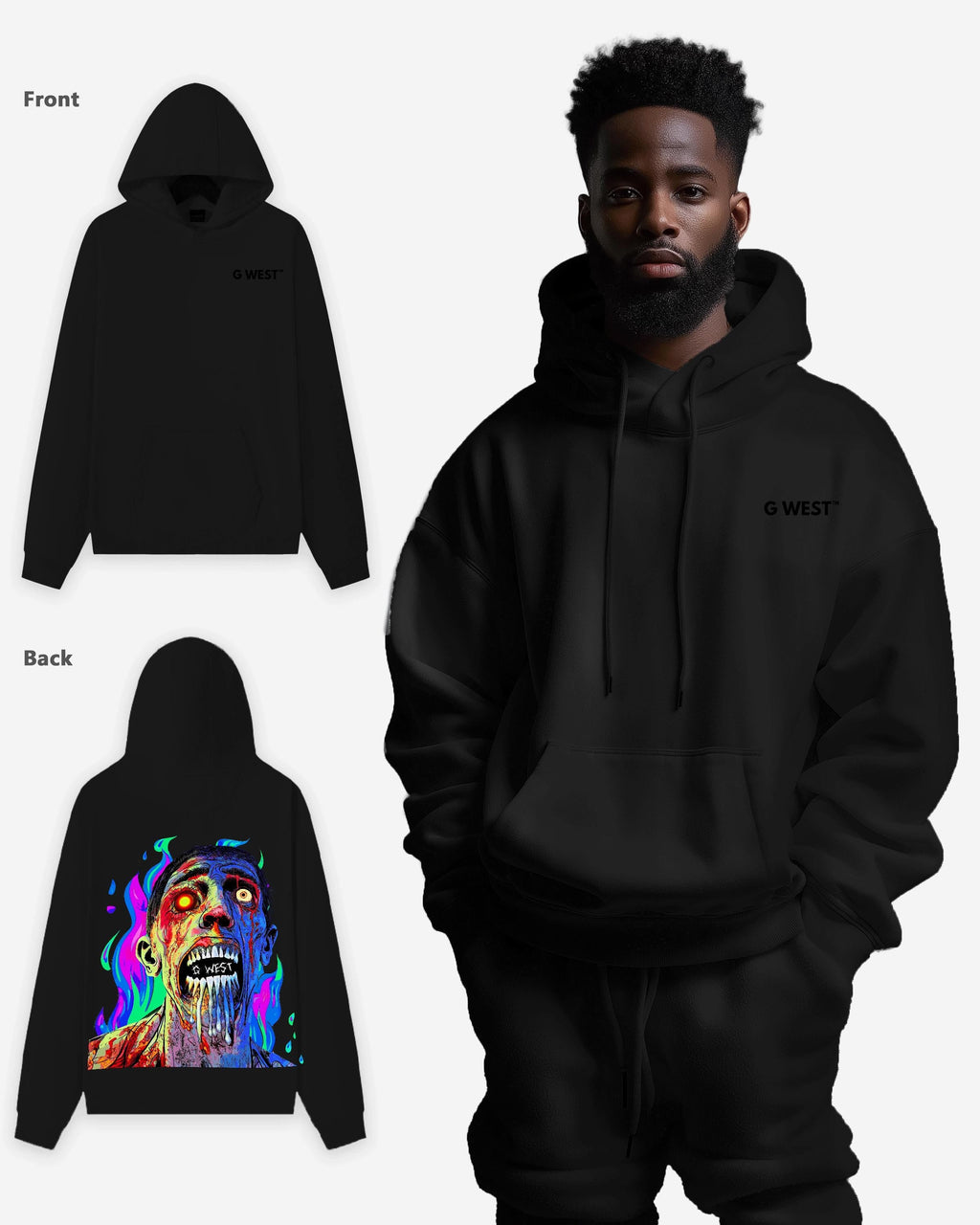G West Mens Flaming Zombie Hoodie Oversize