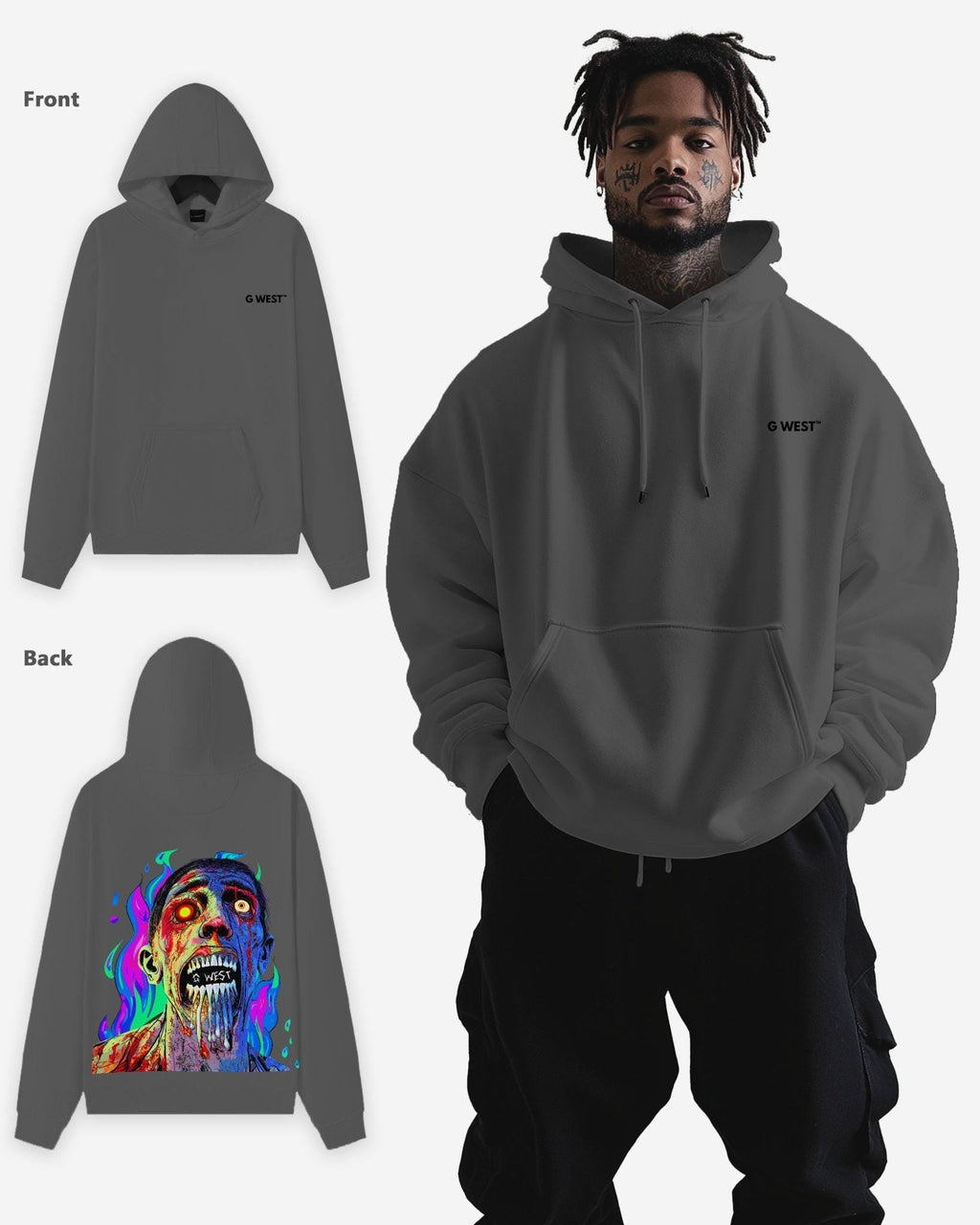 G West Mens Flaming Zombie Hoodie Oversize