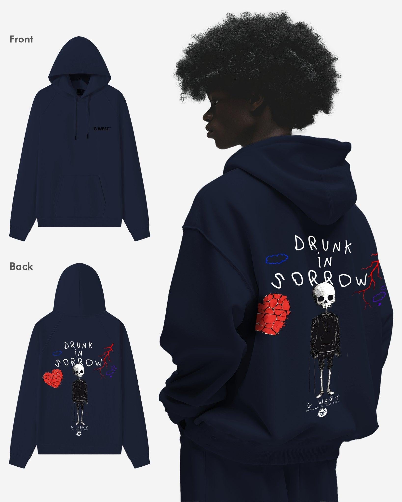 G West Mens Drunk In Sorrow Heavy Premium Oversize Hoodie