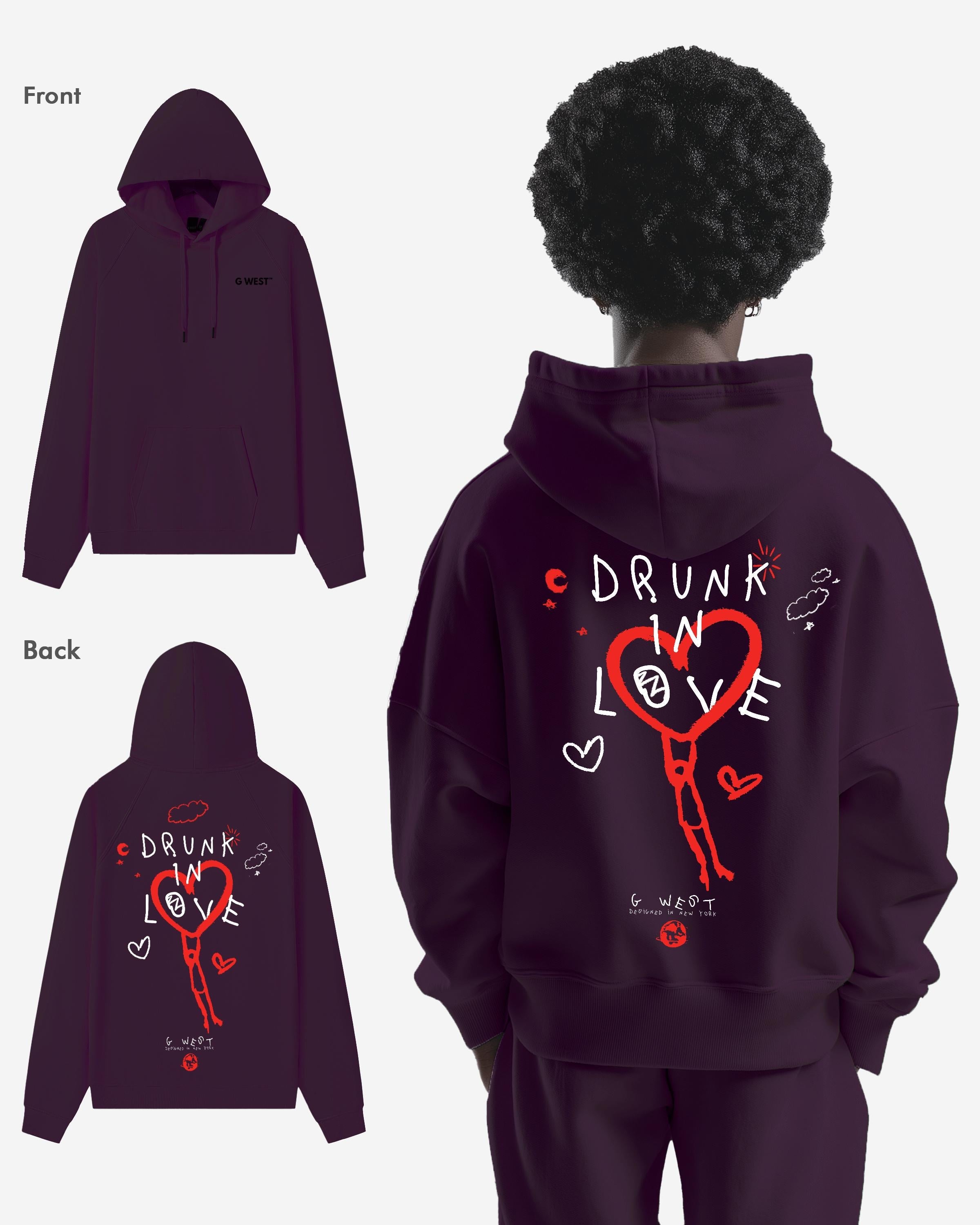 G West Mens Drunk In Love Heavy Premium Oversized Hoodie