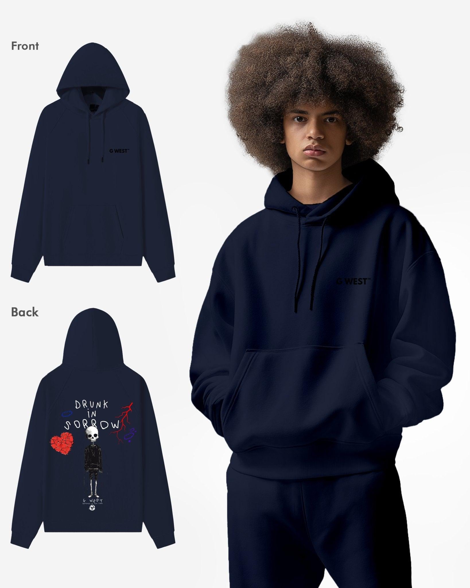 G West Mens Drunk In Sorrow Heavy Premium Oversize Hoodie