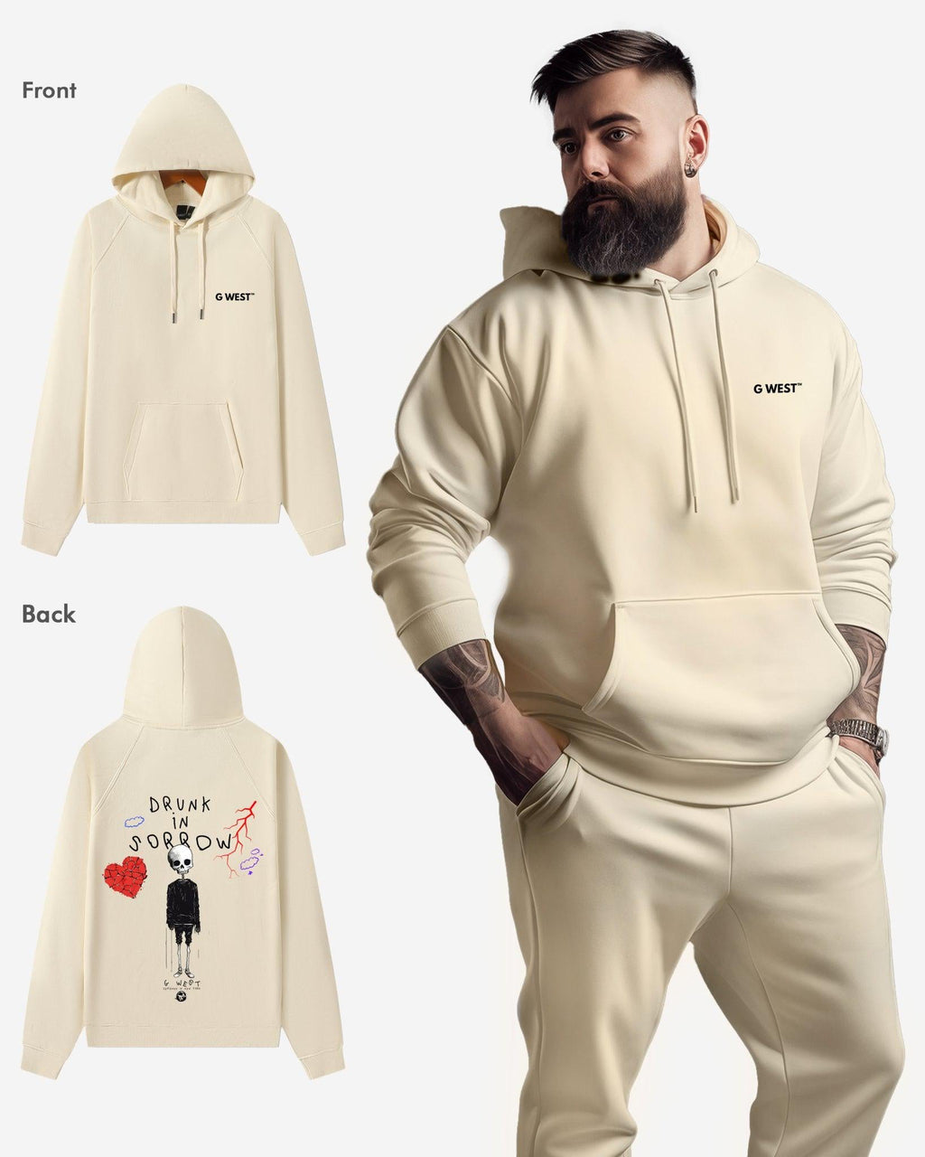 G West Mens Drunk In Sorrow Heavy Premium Oversize Hoodie