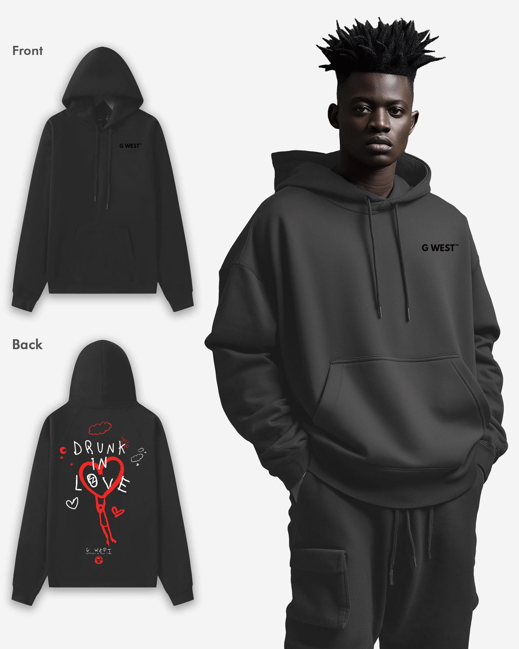G West Mens Drunk In Love Heavy Premium Oversized Hoodie