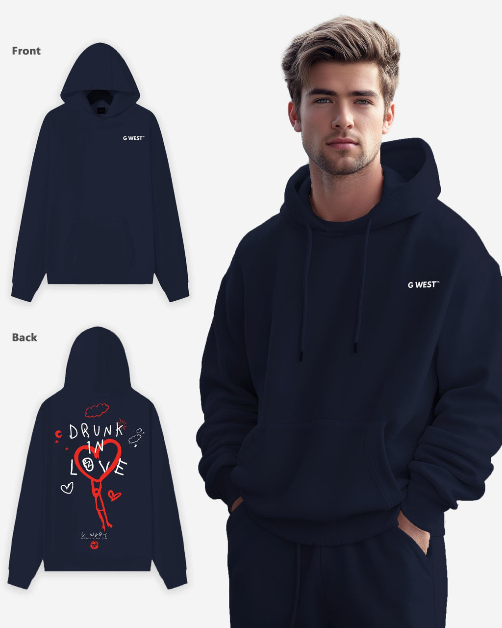G West Mens Drunk In Love Heavy Premium Oversized Hoodie