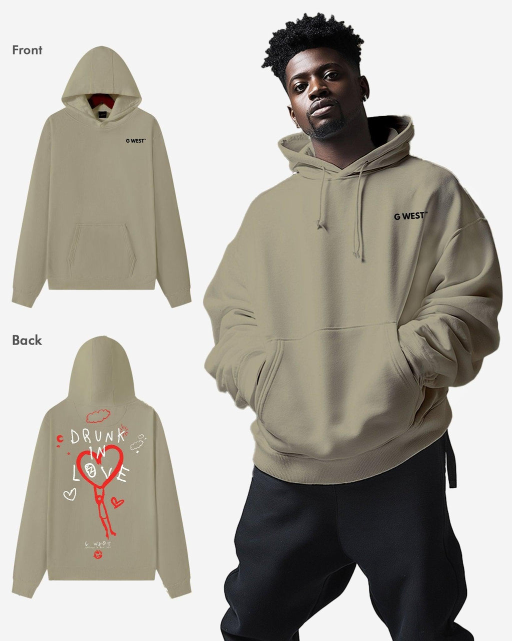 G West Mens Drunk In Love Heavy Premium Oversized Hoodie