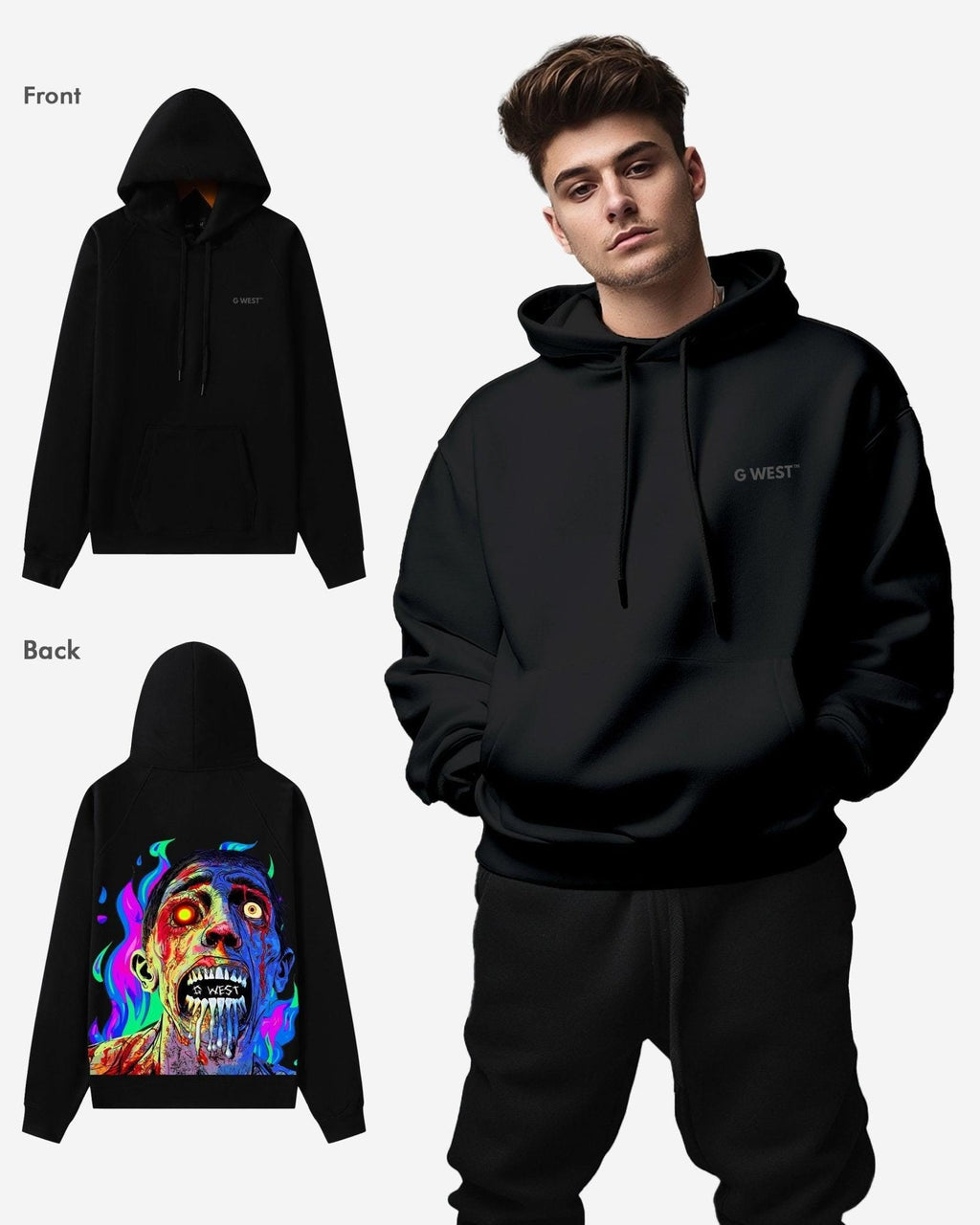 G West Mens Flaming Zombie Heavy Premium Hoodie