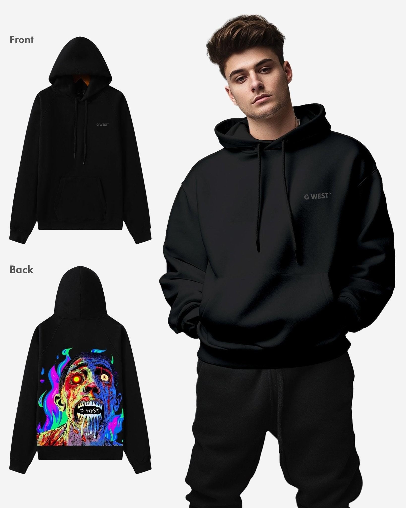 G West Mens Flaming Zombie Heavy Premium Hoodie