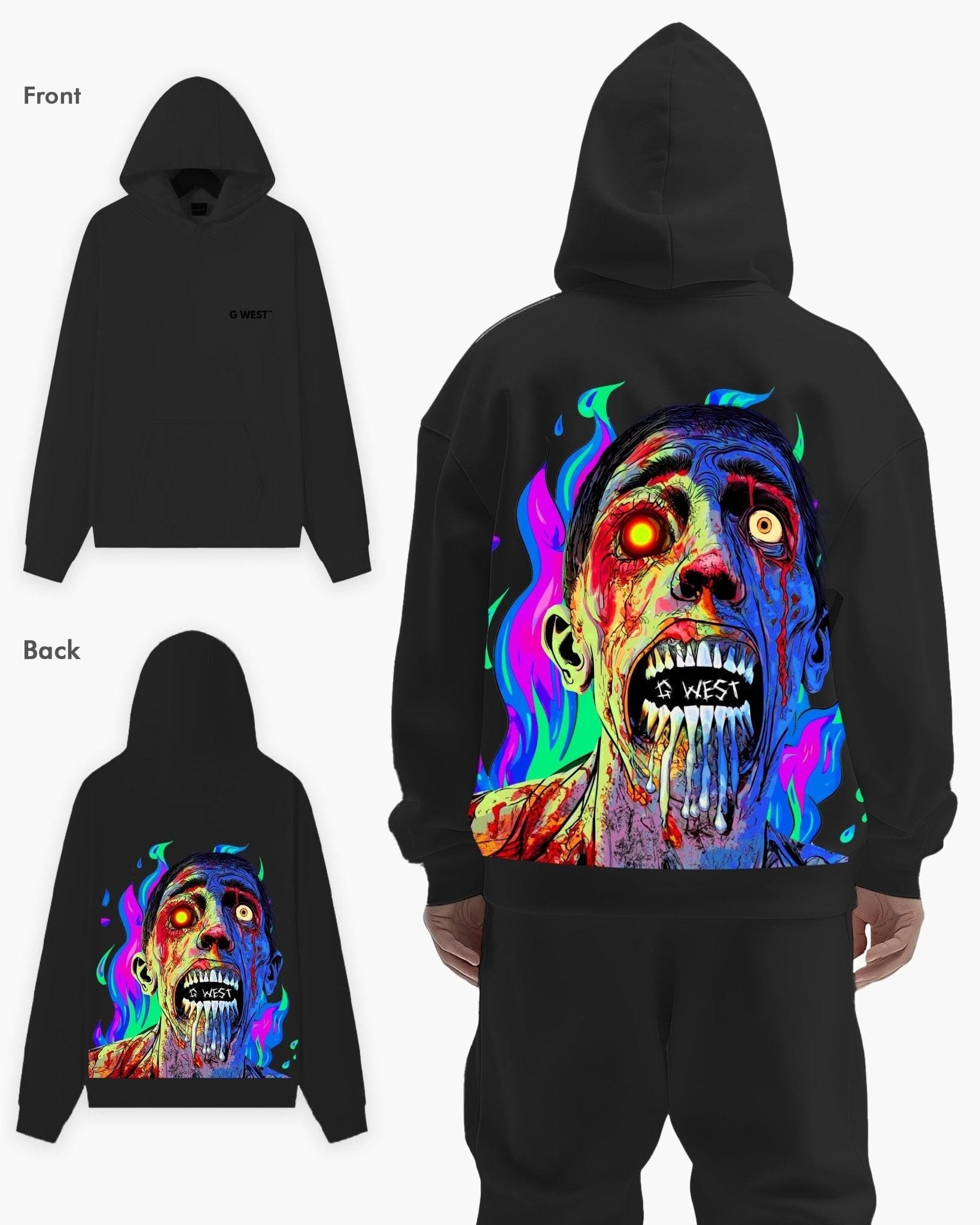 G West Mens Flaming Zombie Heavy Premium Hoodie