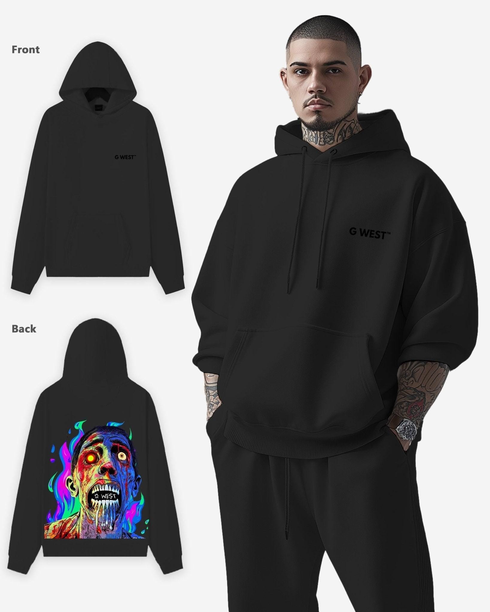 G West Mens Flaming Zombie Heavy Premium Hoodie