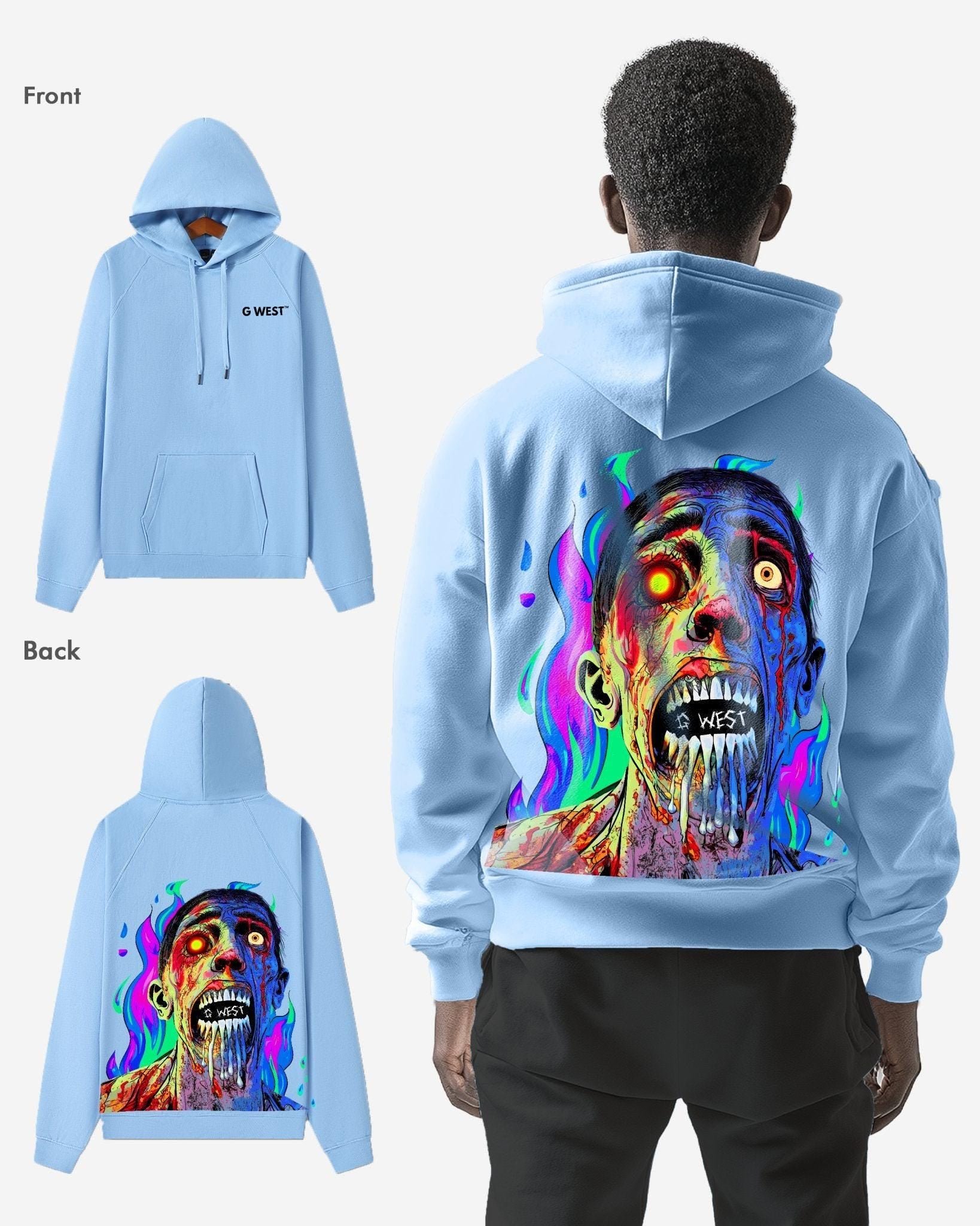 G West Mens Flaming Zombie Hoodie Oversize