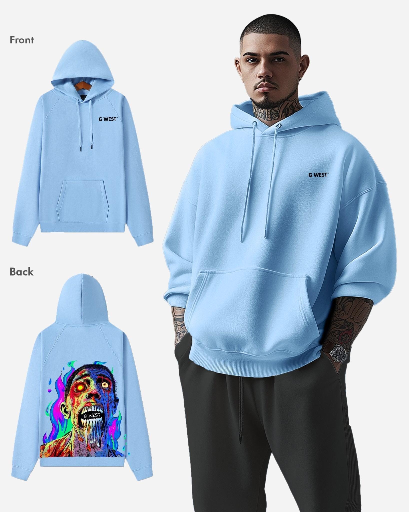 G West Mens Flaming Zombie Hoodie Oversize
