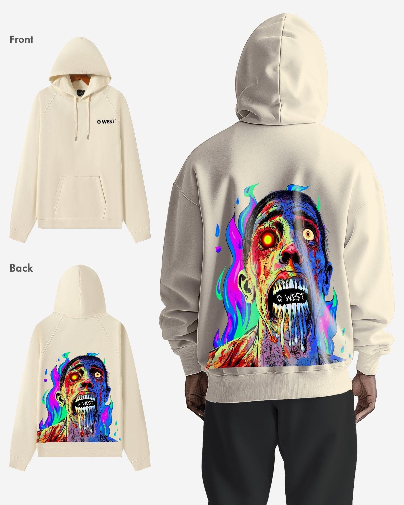 G West Mens Flaming Zombie Hoodie Oversize
