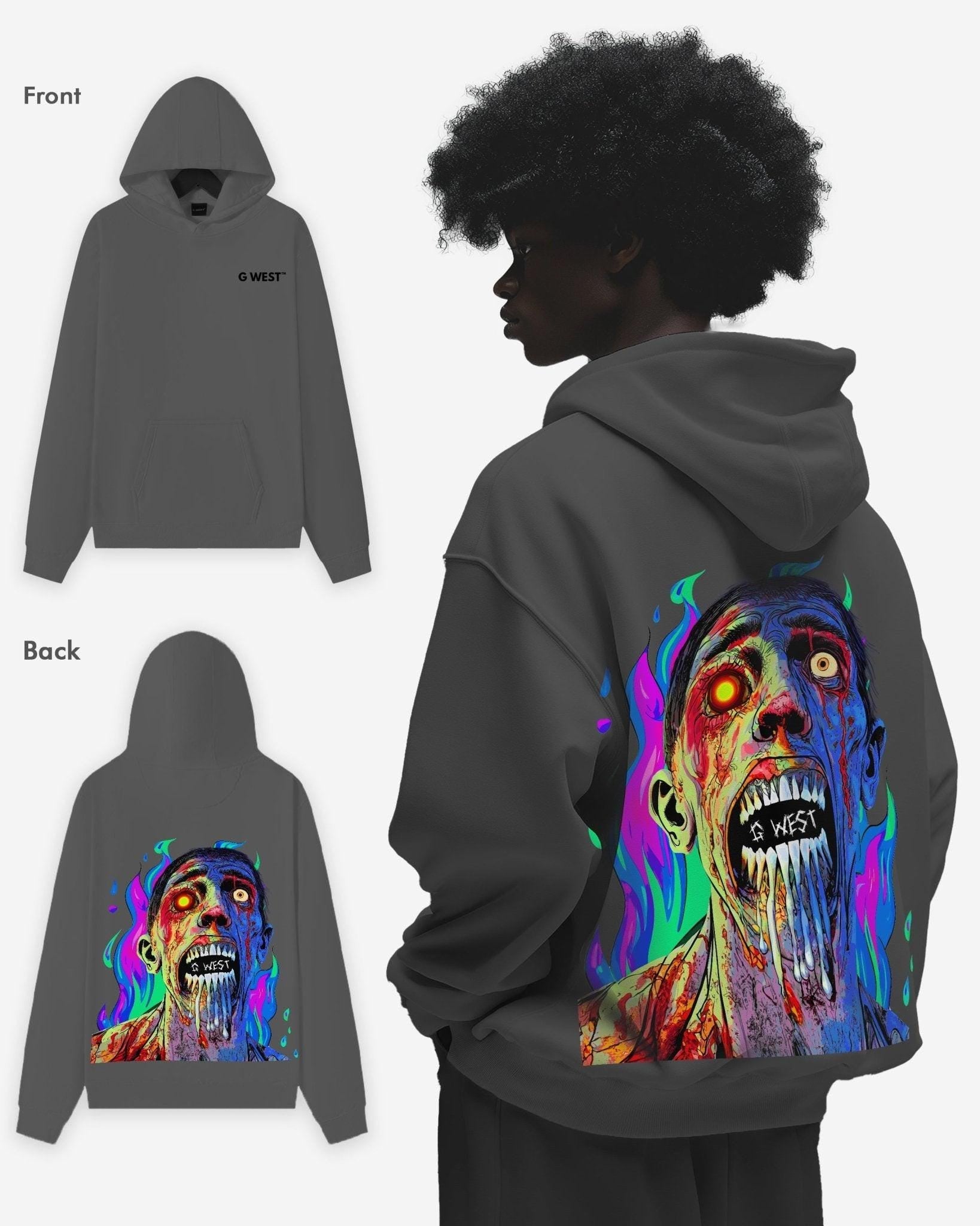 G West Mens Flaming Zombie Hoodie Oversize