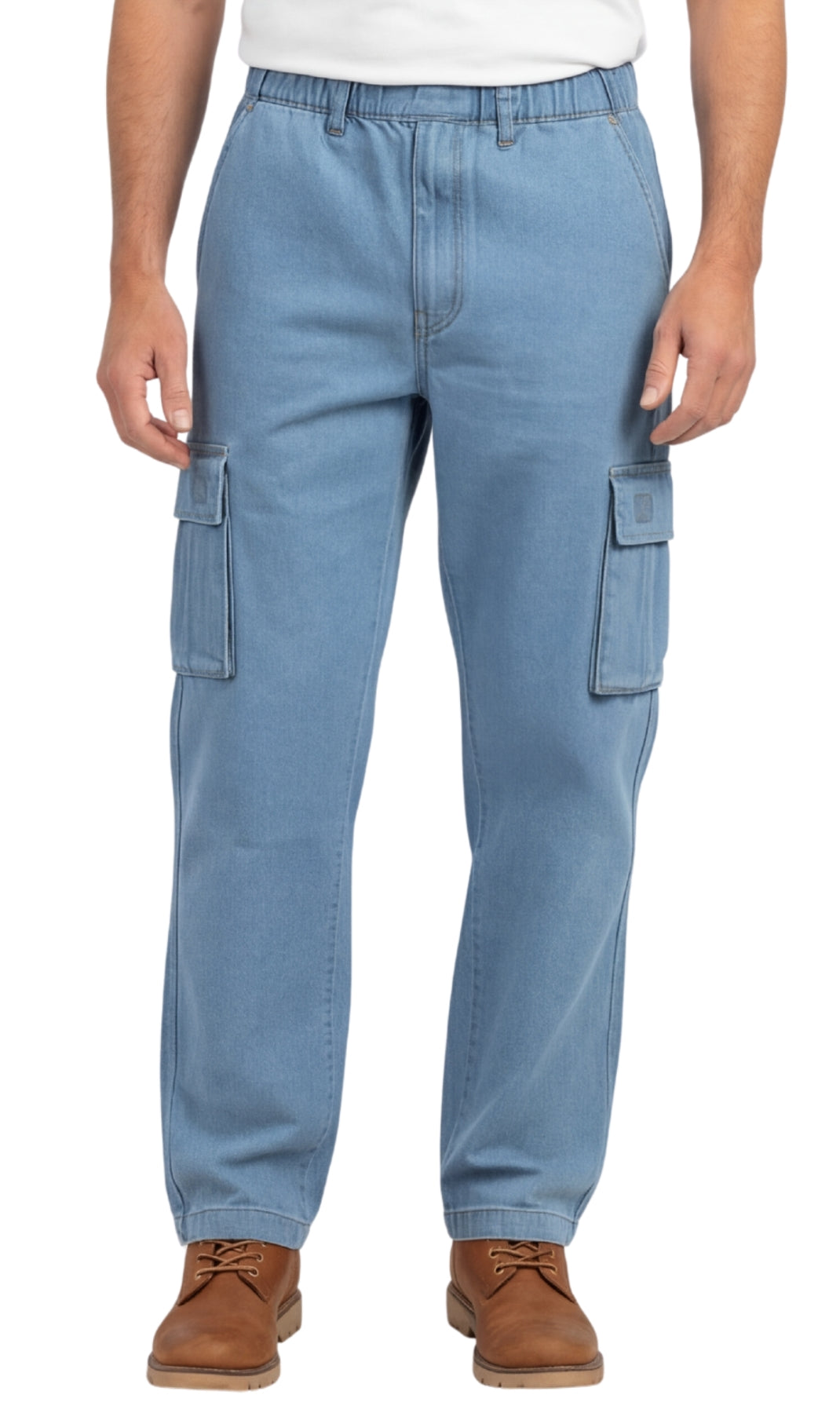 Men's Lightweight Double Cargo Pocket Pull-On Jeans – Cotton Blend Cargo Pants with Elastic Waist